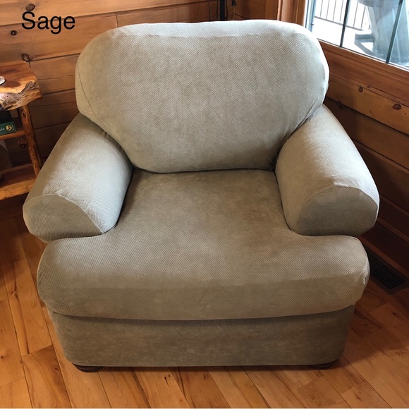 SURE FIT Sage Green Stretch Pique Chair (T-Cushion) and Ottoman Slipcovers NWOT - Picture 3 of 15